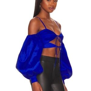 NBD Haleh Party Top Cropped Tie Front Cut Out Puff Sleeve Blouse Blue Sz L NWT